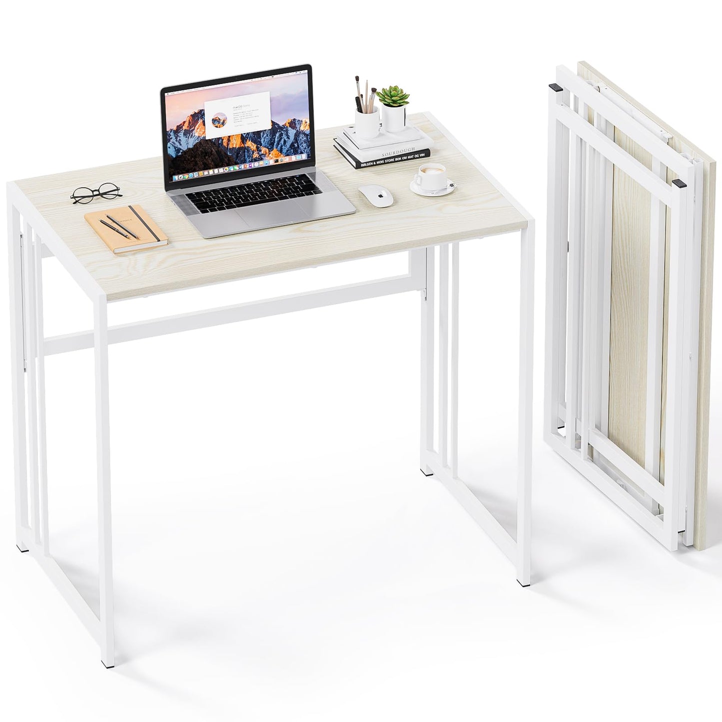 Gezen Folding Desk 32'' Computer Desk No Assembly Required Foldable Table Space Saving Writing Workstation for Home Office (Beige, White) - WoodArtSupply