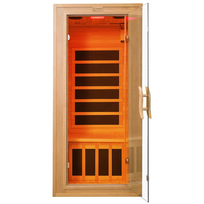 Exquimac Infrared Home Sauna Room 1 Person Hemlock Wooden Indoor Dry Sauna with Red Light & Bluetooth Speakers 1350W 7 Heaters Panels,LCD Control Panel Time and Temp Pre-Set