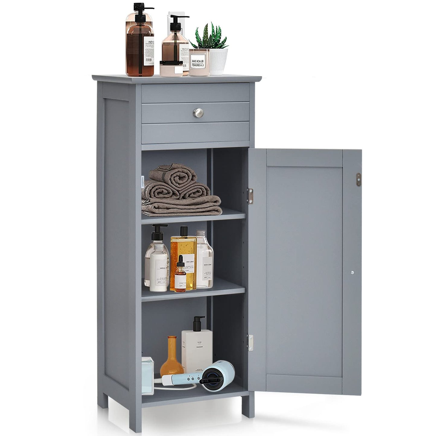 GOFLAME Freestanding Grey Bathroom Storage Cabinet with Large Drawer and Adjustable Shelves - WoodArtSupply