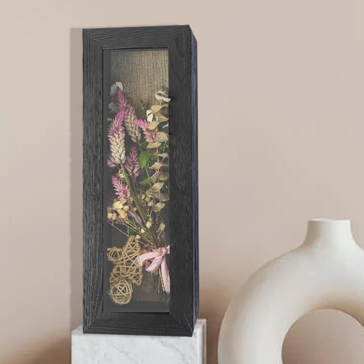 Shadow Box Frame 12.5" x 5" Solid Wood Display Case with Linen Background Deep Display Case for Wedding Bouquets, Medals, Knives, and Keepsakes - WoodArtSupply