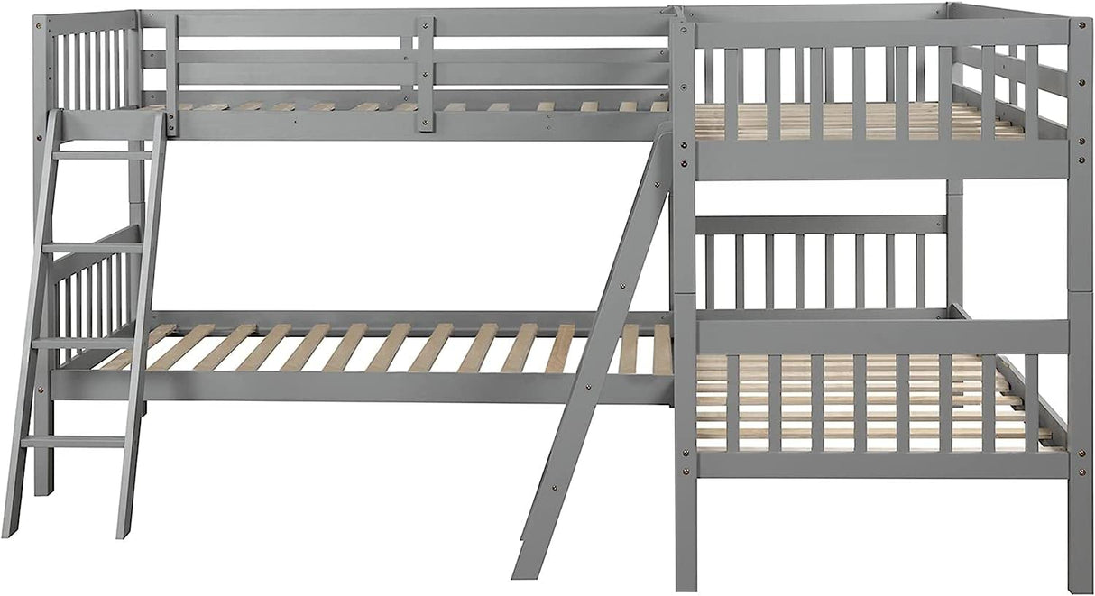 MERITLINE L-Shaped Quad Bunk Bed, Four Bunk Bed Twin Over Twin with Angle Ladder,Wooden Corner 4 Bed Bunk Bed for Kids, Teens, Adults, No Box Spring Needed (Twin, Grey) MERITLINE
