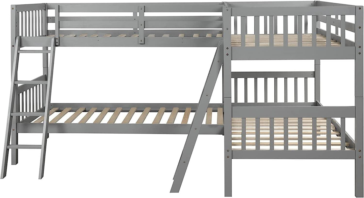 MERITLINE L-Shaped Quad Bunk Bed, Four Bunk Bed Twin Over Twin with Angle Ladder,Wooden Corner 4 Bed Bunk Bed for Kids, Teens, Adults, No Box Spring Needed (Twin, Grey)