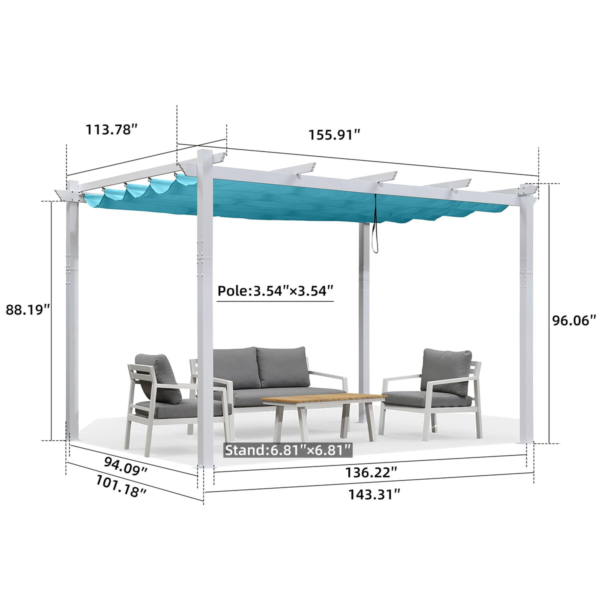 PURPLE LEAF 10' X 13' Outdoor Retractable Pergola with Sun Shade Canopy Cover White Patio Metal Shelter for Garden Porch Yard BBQ Beach Gazebo Grape Trellis Pergola, Turquoise Blue PURPLE LEAF