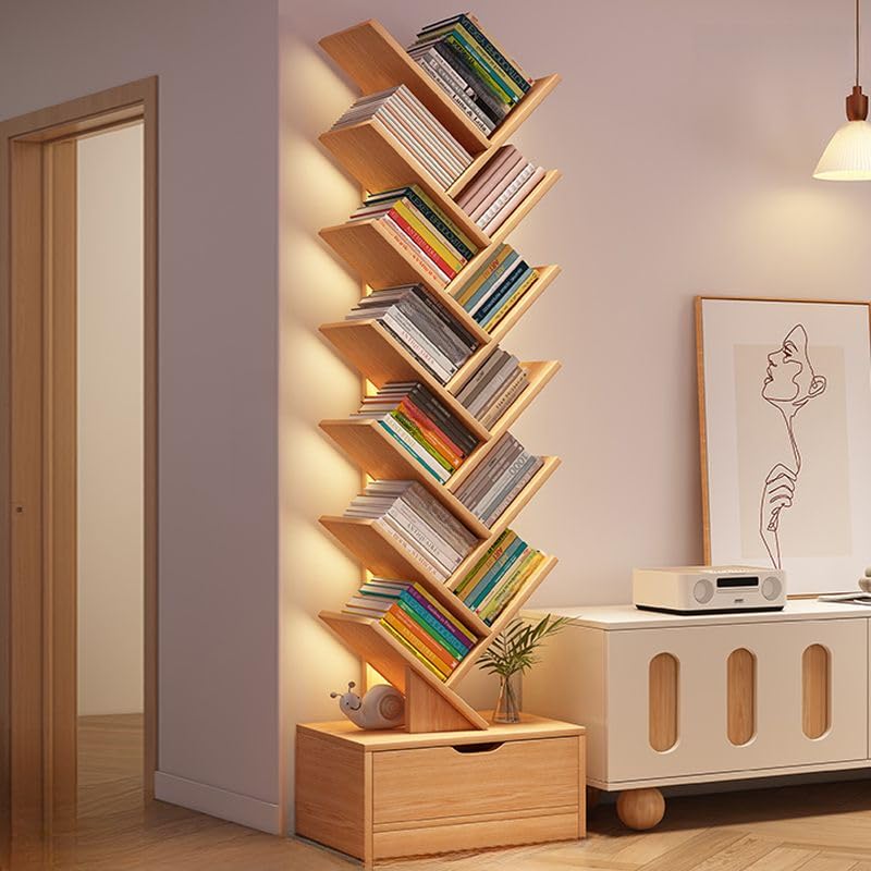 CraftThink Tree Bookshelf, 12 Tier Bookcase with Storage Cabinet, Floor Standing Book Shelf Tall Bookshelves for Home Office Furniture -Grey |Drawer|, 13.5" L x 8" W x 62" H (Lighting Not Included) CraftThink