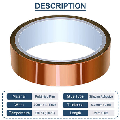 DAOKAI 30mm x 28m(90ft) High Temperature Tape High Temp Tape Polyimide Heat Resistant Tape Thermal Tape Kapton Tape for Masking/Solder / 3D Printers/Battery - WoodArtSupply