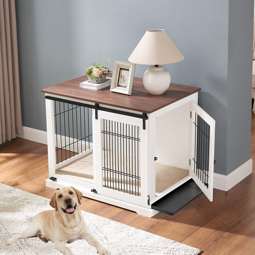 beeNbkks Dog Crate Furniture with Sliding Barn Door, Stylish Double Doors Wooden Kennel with Tray and Cushion, Decorative Indoor Pet House Side End Table for Medium Large Dogs - WoodArtSupply