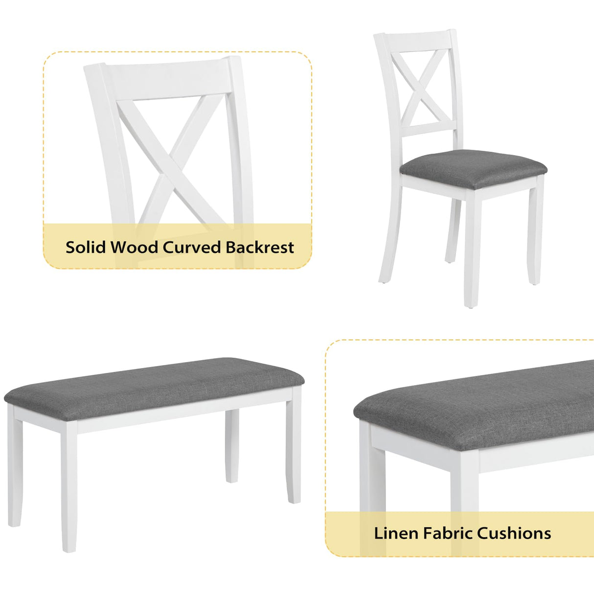 Zevemomo 6-Piece Solid Wood Dining Table Set, Including 1 Dining Table, 4 Upholstered Chairs and 1 Bench, Wooden Legs Dining Table Set for Dining Room, Kitchen, Restaurant, White Zevemomo