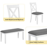 Zevemomo 6-Piece Solid Wood Dining Table Set, Including 1 Dining Table, 4 Upholstered Chairs and 1 Bench, Wooden Legs Dining Table Set for Dining Room, Kitchen, Restaurant, White Zevemomo