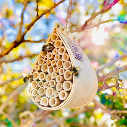 Pollinating Palace-Mason Bee House, Natural Hanging Wooden bee House Habitat with Bamboo Tubes for The Garden and Yard - WoodArtSupply