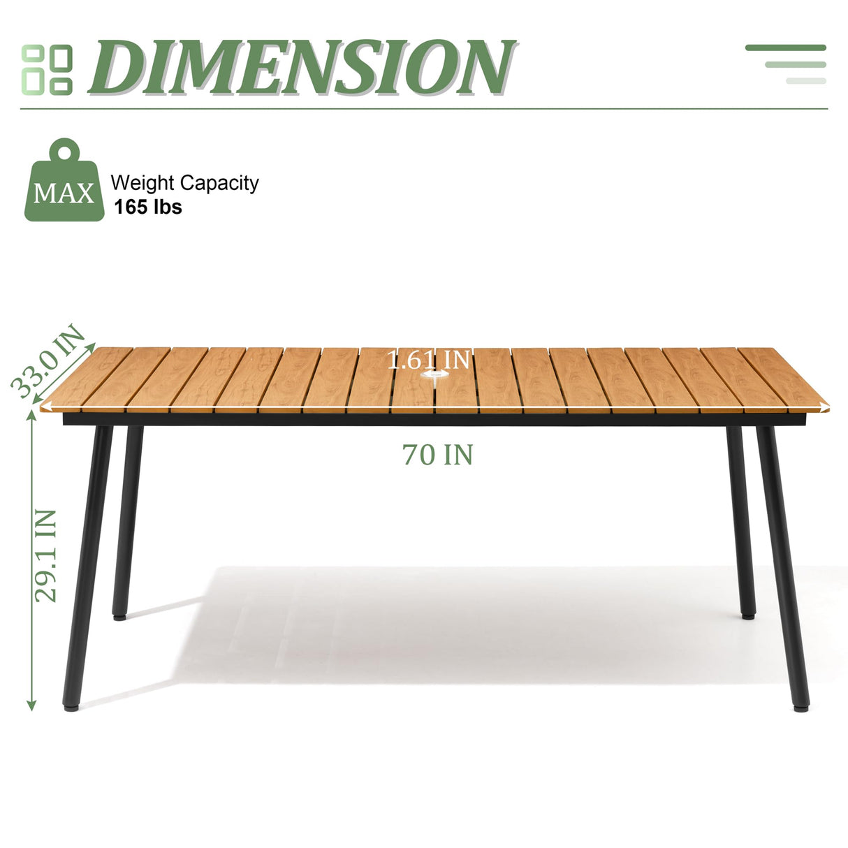 VredHom Outdoor Dining Table, 70inch Patio Dining Table with Wooden-Like Top and Aluminum Frame, Rectangular Table with Umbrella Hole Outdoor Furniture, Only Table, Brown VredHom