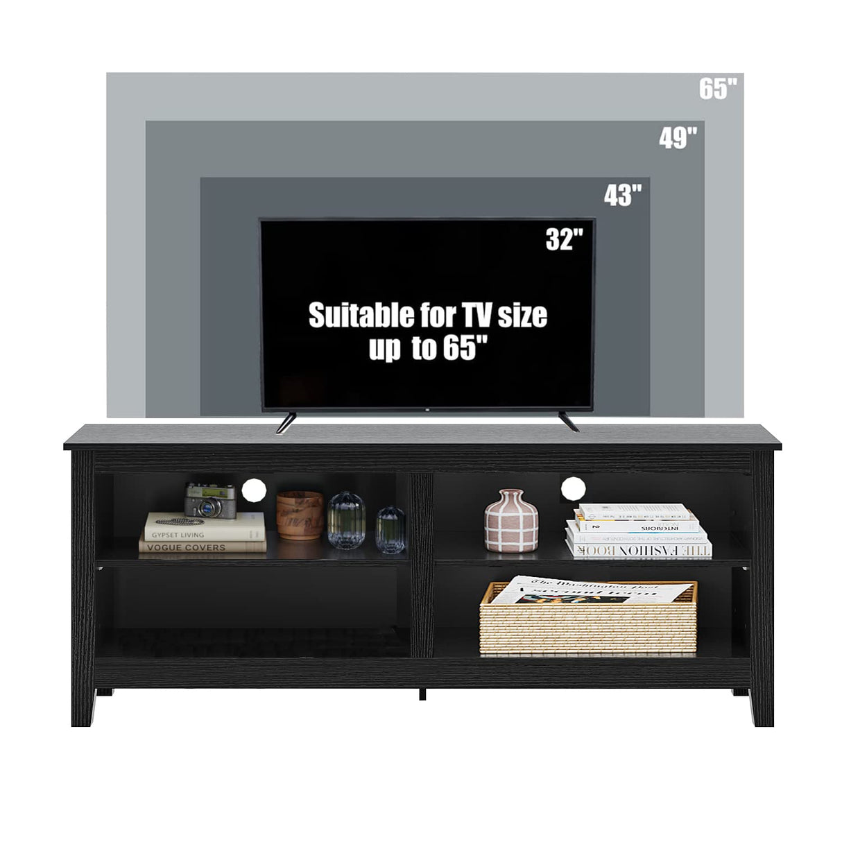 Gyger TV Stand for 65 inch TV with Storage,Modern TV Entertainment Center for Bedroom,TV Media Console Table with 4 Open Storage Shelve,55 inch Wood TV Cabinet Black Gyger