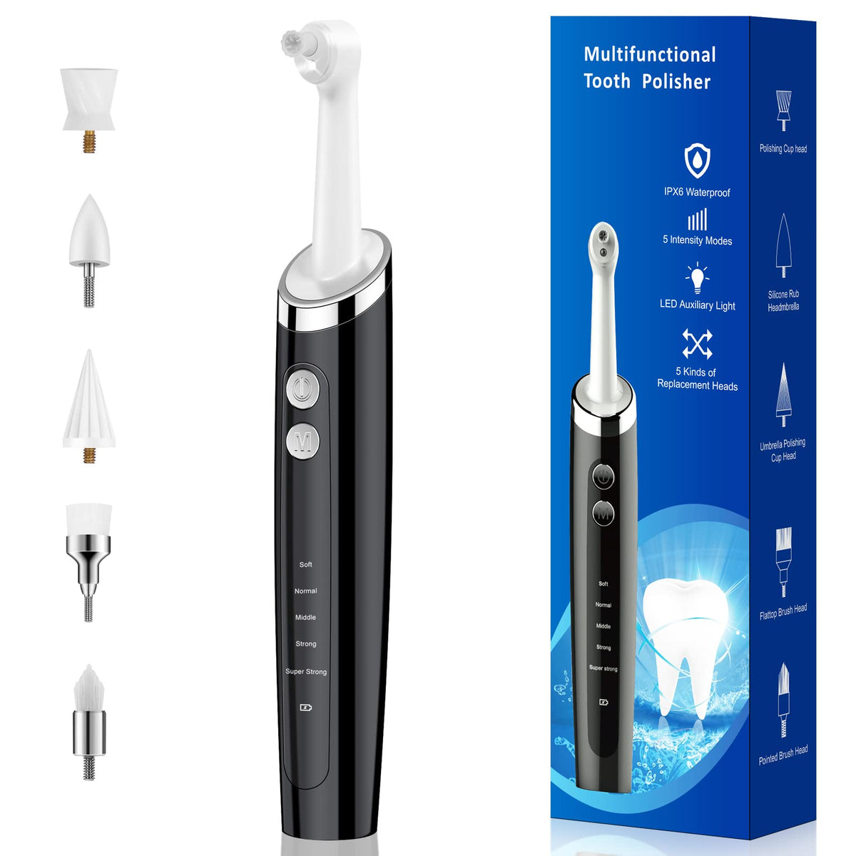Pelzzle Rechargeable Tooth Polisher Kit for Daily Cleaning, Whitening and Polishing, Electric Dental Teeth Polisher with LED Light, 5 Brush Heads, 5 Speed Modes, Waterproof Pelzzle