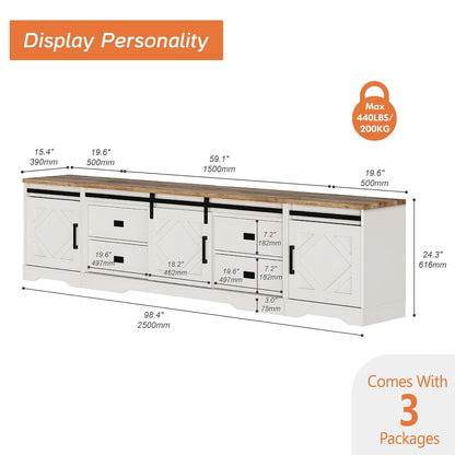 WAMPAT 98.4" Wide TV Stand for TVs up to 110",Faux Bark Finish Wood Entertainment Center with 4 Drawers and Adjustable Shelvs for Living Room,Antique White