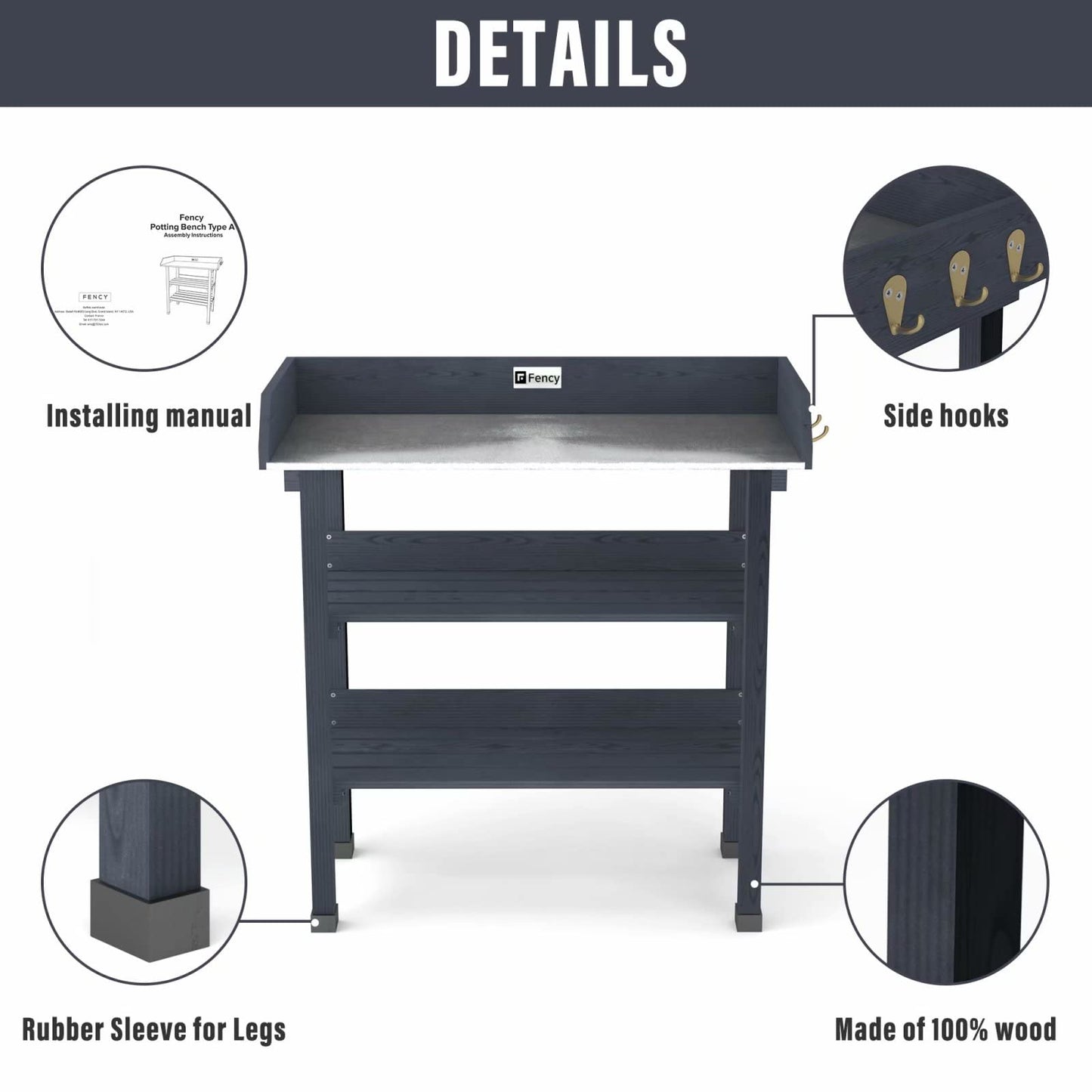 Elevens Potting Bench Tables Outdoor, Potting table Garden Work Station Metal Tabletop Solid Wood Planting Bench with 2 Tier Storage Open Shelf (4 Feet/Grey) - WoodArtSupply