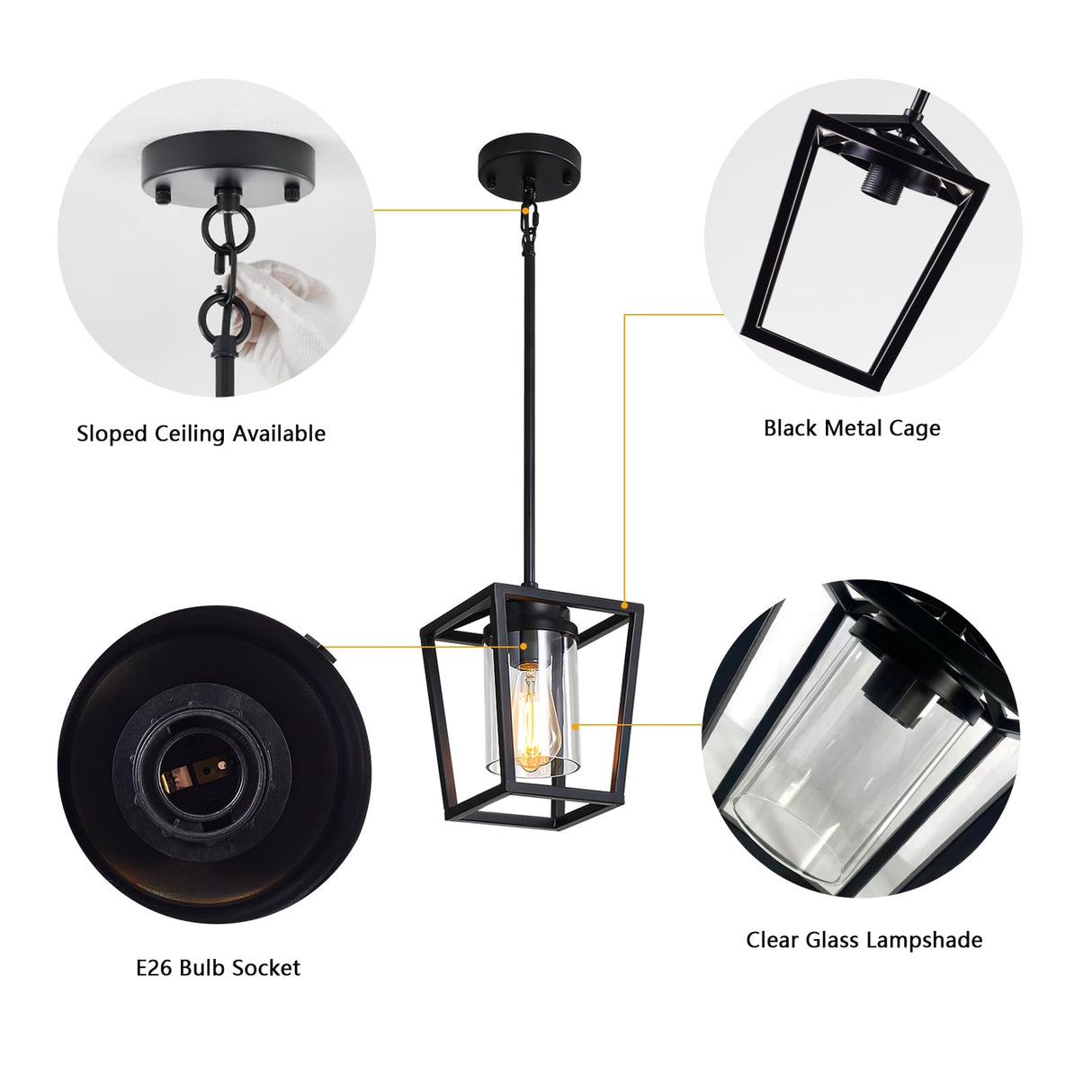 SGLfarmty 1-Light Black Pendant Lights Kitchen Island, Farmhouse Cage Metal Hanging Light Fixtures with Glass Shade，Adjustable Lantern Pendant Lighting for Dining Room, Entryway, Hallway SGLfarmty