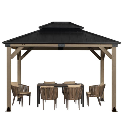 Aoodor 12 x 14 ft. Wood Gazebo,Outdoor Upgrade Cedar Wooden Frame Gazebo with 2-Tier Galvanized Steel Roof, for Patio Backyard Deck and Lawns - Light Grey