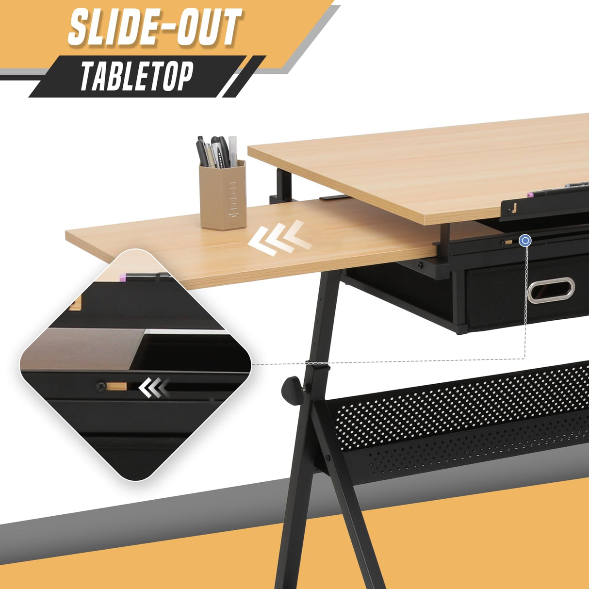 BRIGHTORIA Adjustable Drafting Table & Stool Set, Art Desk with Additional Slide-Out Table Design, Versatile Drawing Table with Storage, for Art, Drafting and Creative Tasks, Natural BRIGHTORIA