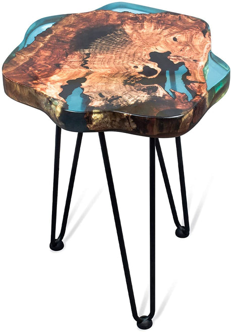 Crystal Clear Epoxy Resin Natural Edge Wood end Table, Wood Resin Side Table Hand Made Craft Coffee Table with Hairpin legs-20 inch Tall (Blue) TUZECH