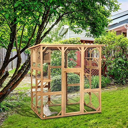 TITIMO Catio Outdoor Cat Enclosure, Large Wooden Outdoor Cat House with Small House, Cat Cage with 6 Platforms and Weather Protection (Nature Wood,63" x 31.1" x 59.33")