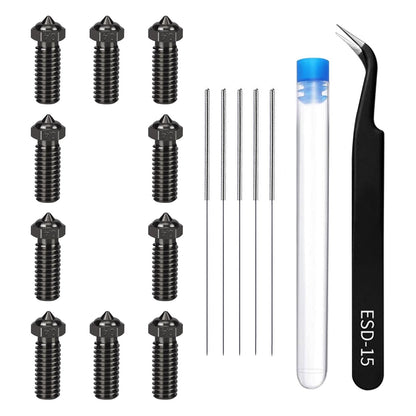 TMYPN 10PCS Volcano Hardened Steel Nozzle Kit for QIDI X-Max 3 / Q1 Pro/X-Plus 3 / X-Smart 3 3D Printer (0.4mm Nozzles*10, Cleaning Needles*5，Curved Tweezer*1) - WoodArtSupply