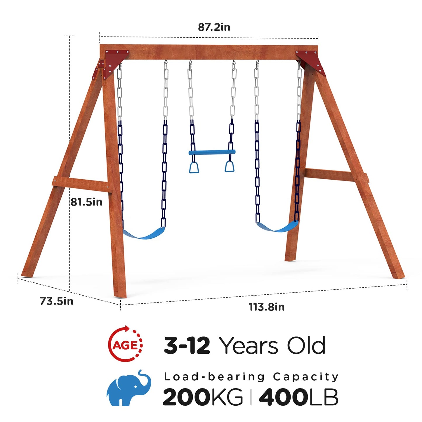 DOLPHIN PLAYGROUND Wooden Swing Sets for Backyard, Family DIY Kit for Any Swings, Outdoor Playset for Kids with Trapeze Swing Bar and 2 Belt Swings, Heavy Duty Playground Accessories, Ages 3-12