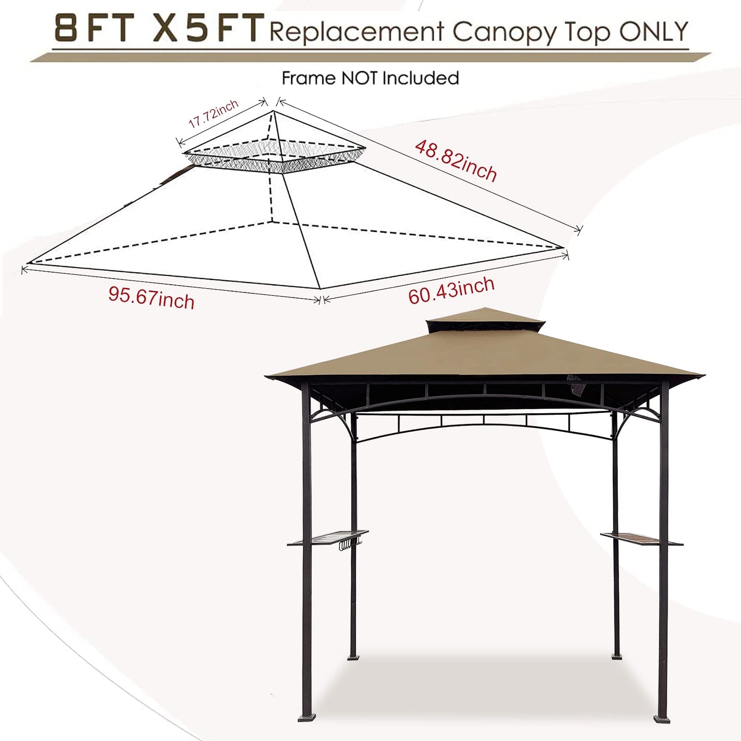 Grill Gazebo Replacement Canopy Roof – Hugline 5x8 Outdoor Grill Shelter Canopy Top Double Tiered BBQ Tent Cover Fit for Model L-GG001PST-F (Khaki)