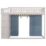 Merax Full Size Loft Bed with 2 Four-Layer Racks and Storage Staircase, Wooden Bed Frame with Curtain and Storage Cabinets, No Box Spring Needed, White+Blue Merax