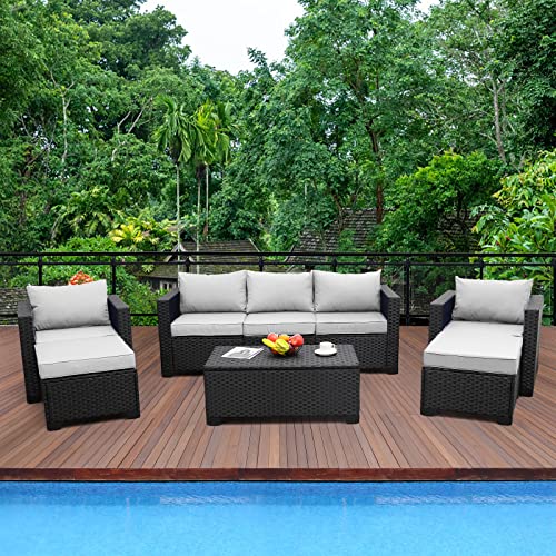 Patio Wicker Furniture Set 6 Pieces Outdoor PE Rattan Conversation Couch Sectional Chair Sofa Set with Grey Cushion - WoodArtSupply