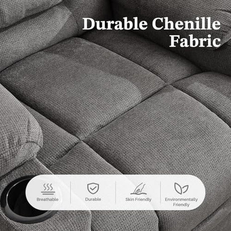 Recliner Chair with Massage and Heat,Chenille Recliner Sofa Chairs for Adults,Wall Hugger Recliners for Living Room, Reclining Armchairs with Cupholders, Dark Gray BAMCANFUR