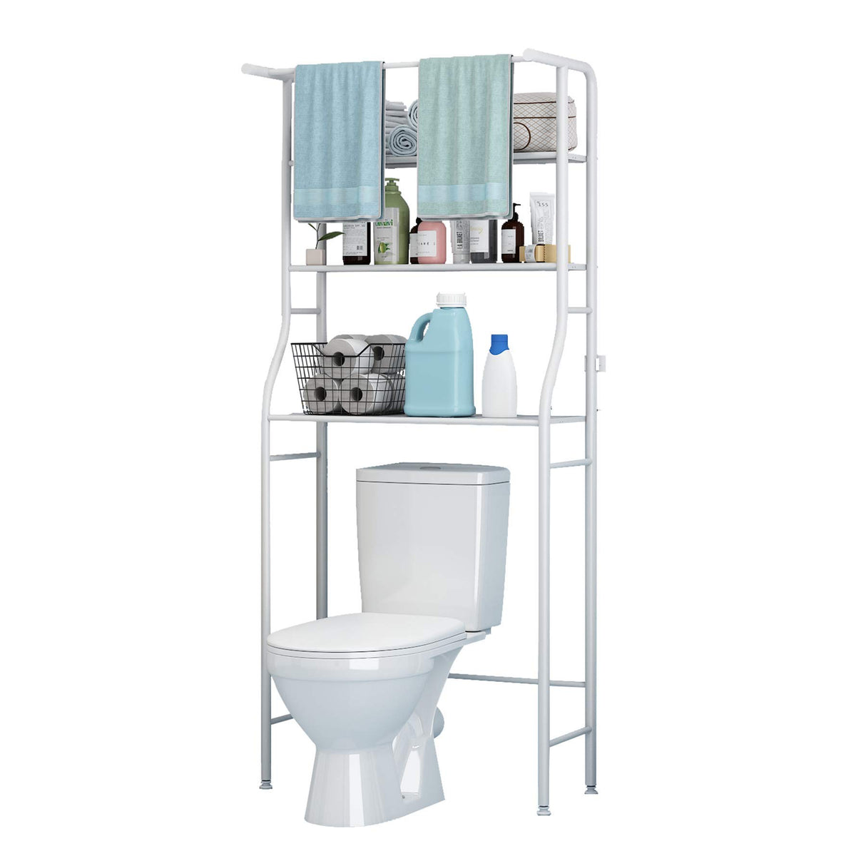 UDEAR 3-Tier Over The Toilet Rack,Bathroom Shelf Space Saver,Corner Stand Storage Organizer Accessories,The Washing Machine,with Hanging Rod,Tower Shelf,White UDEAR