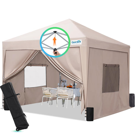 Quictent Privacy 8x8 Pop up Canopy Tent with Sidewalls and Roll-up Ventilated Windows, One Person Setup, Easy Outdoor Commercial Gazebo Shelter Enclosed Waterproof, Bonus 4 Sandbags (Beige) Quictent