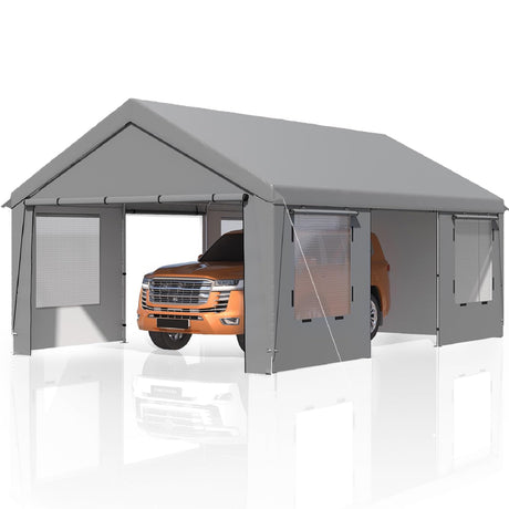 EROMMY 13' x 20' Carport，Portable Garage with UV Protection & Steel Frame, Heavy Duty Car Port with Removable Sidewalls, All-Season Car Canopy for Tractor, Truck, Boat, Outer Gray and Inner White EROMMY
