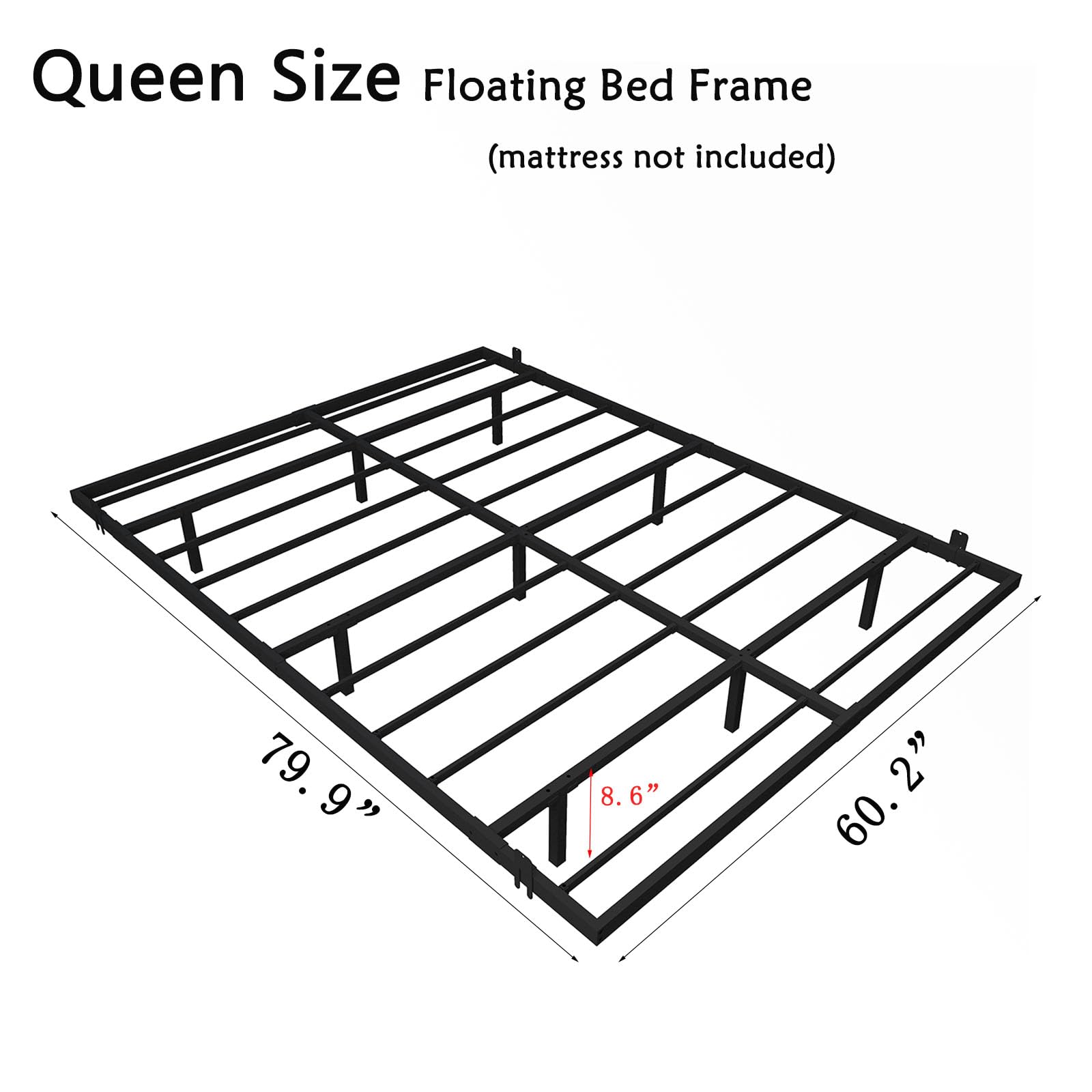 Muluflower Queen Size Floating Bed Frame with LED Lights and Charging Station, Modern Metal Design - WoodArtSupply