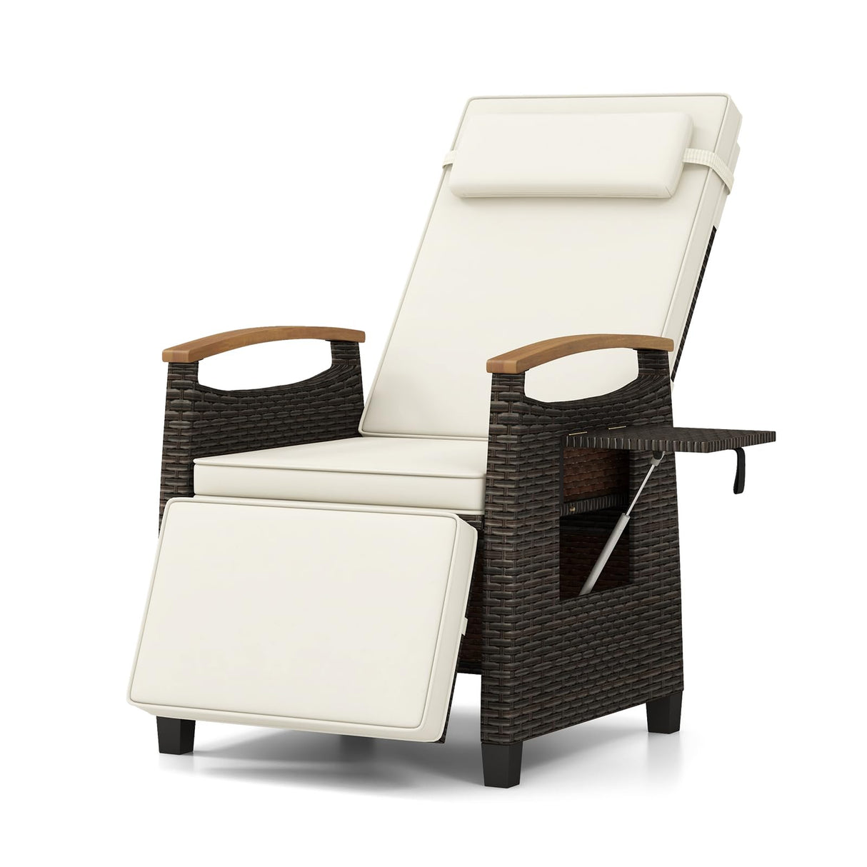 Tangkula Patio Wicker Recliner Chair, Rattan Lounge Chair w/Adjustable Backrest & Footrest, Flip Side Table, Push Back Reclining Seat w/Cushion for Backyard, Porch, Lawn (1, Off White) Tangkula