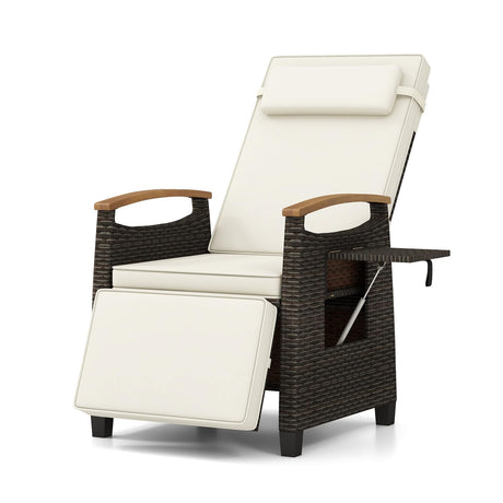 Tangkula Patio Wicker Recliner Chair, Rattan Lounge Chair w/Adjustable Backrest & Footrest, Flip Side Table, Push Back Reclining Seat w/Cushion for Backyard, Porch, Lawn (1, Off White) Tangkula