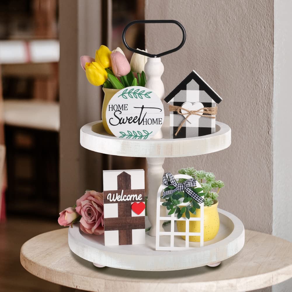 Mustry Rustic Wooden 2 Tiered Tray, Round Farmhouse Kitchen Table Decor Serving Tier Tray, Food Fruits Cupcake Display Coffee Bar Home Party Seasonal Decorations (White) mustry