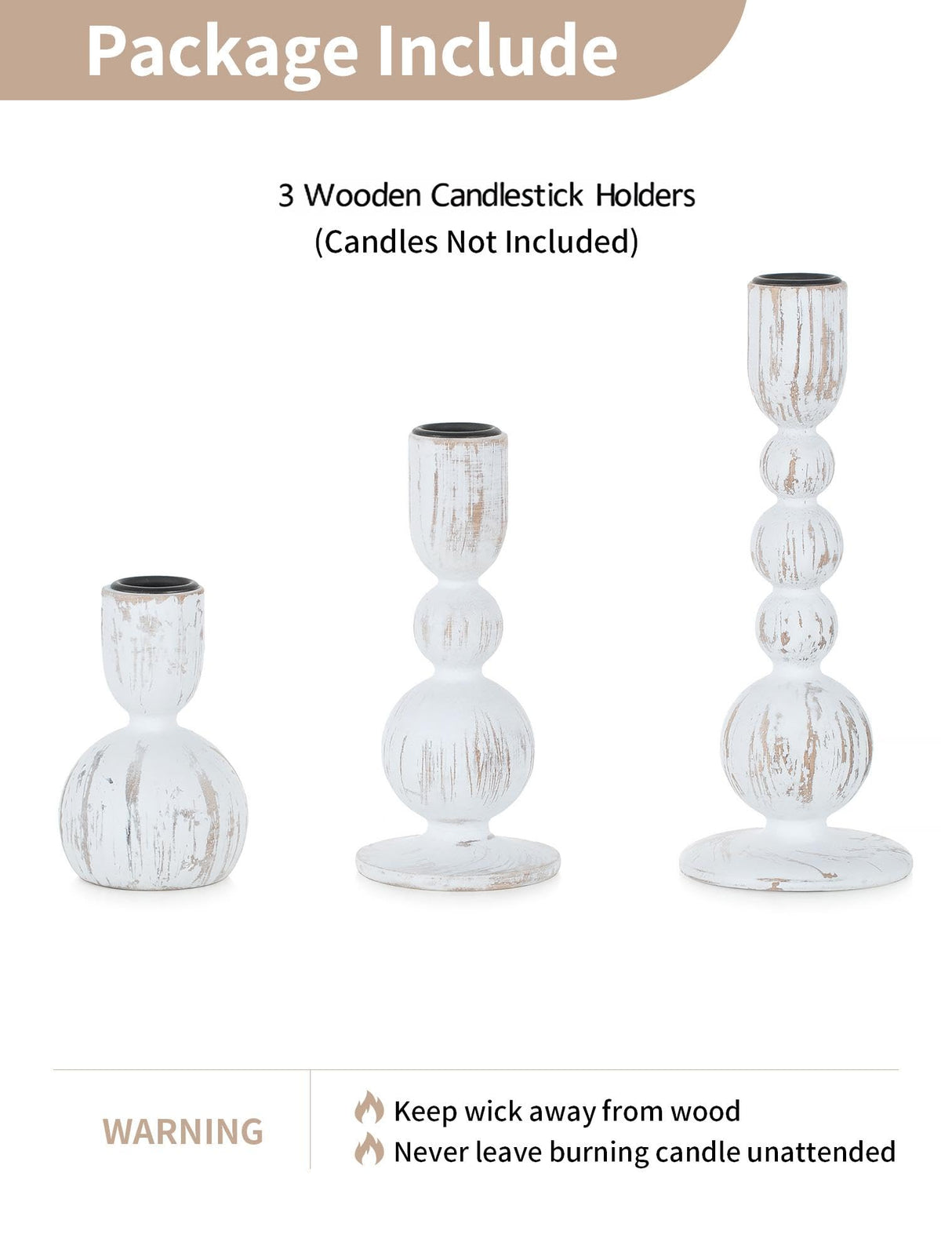 NUPTIO Taper Candle Holders Decor: Set of 3 Wooden Candlestick Holders Mantel Decor - Boho Farmhouse Rustic White NUPTIO