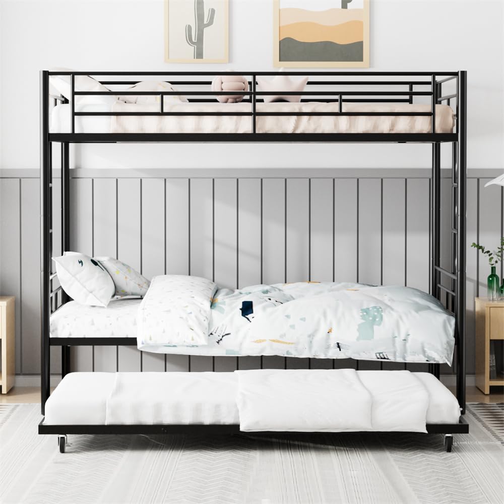 TURRIDU Bunk Bed Twin Over Twin with Trundle, Metal Triple Bunk Beds with 2 Side Ladders, Heavy Duty Bed Frame for Girls Boys Teens Adults, Can be Divided Into 3 Beds, No Box Spring Needed, Black