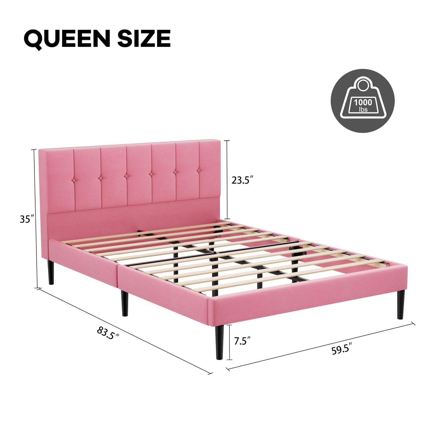 UNIZONE Queen Bed Frame with Button Tufted Headboard, Velvet Upholstered Platform Bed Frame, Mattress Foundation with Wooden Slat Support, Noise Free, No Box Spring Needed, Easy Assembly, Pink