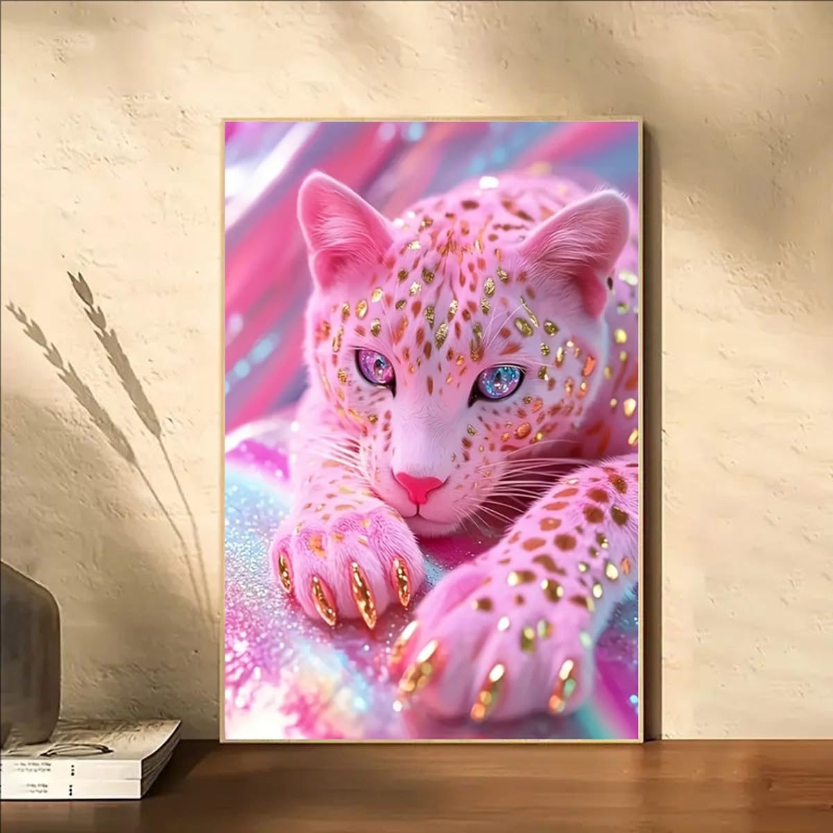 wavaiov 5D Diamond Painting Kits for Adults, Pink Leopard Diamond Art Kit for Beginner, DIY Full Round Drill Animal Diamond Art Craft Kits for Home Decor 12x16 Inch wavaiov