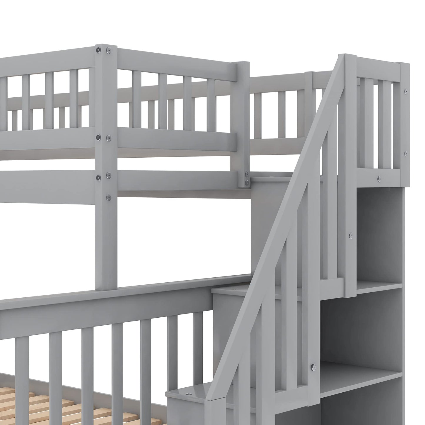 Harper & Bright Designs Twin Over Full Bunk Beds with Trundle, Bunk Beds with Stairs and Storage Shelf,Wood Bunk Beds with Full-Length Guard Rail for Kids, Gray