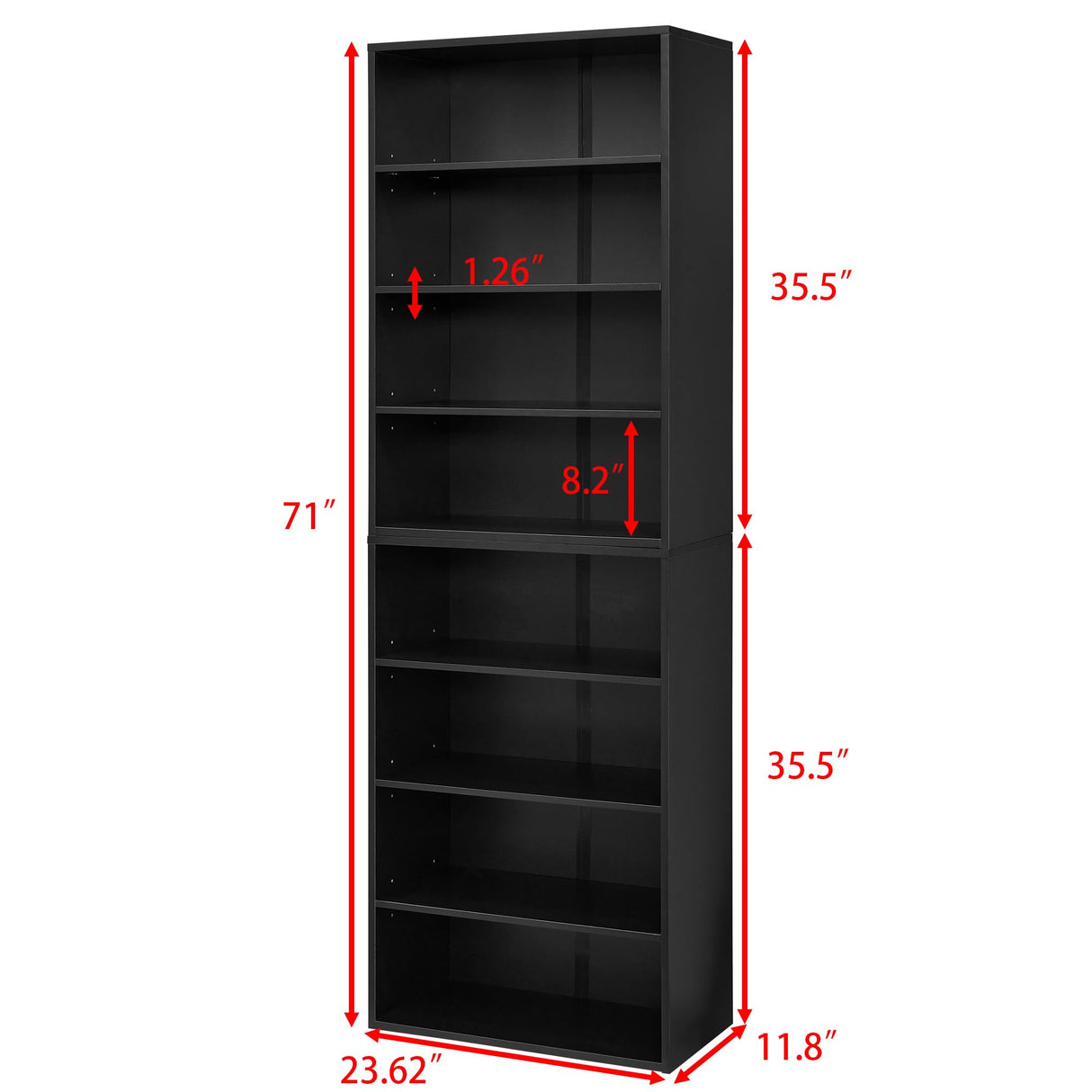 Zentrava Bookshelf, 71'' Tall Adjustable Bookcase, 8-Tier Bookshelves and Bookcases Floor Standing, Multi-Functional Double-Layer Storage Shelf for Home Office Living Room Bed Room (Black) Zentrava
