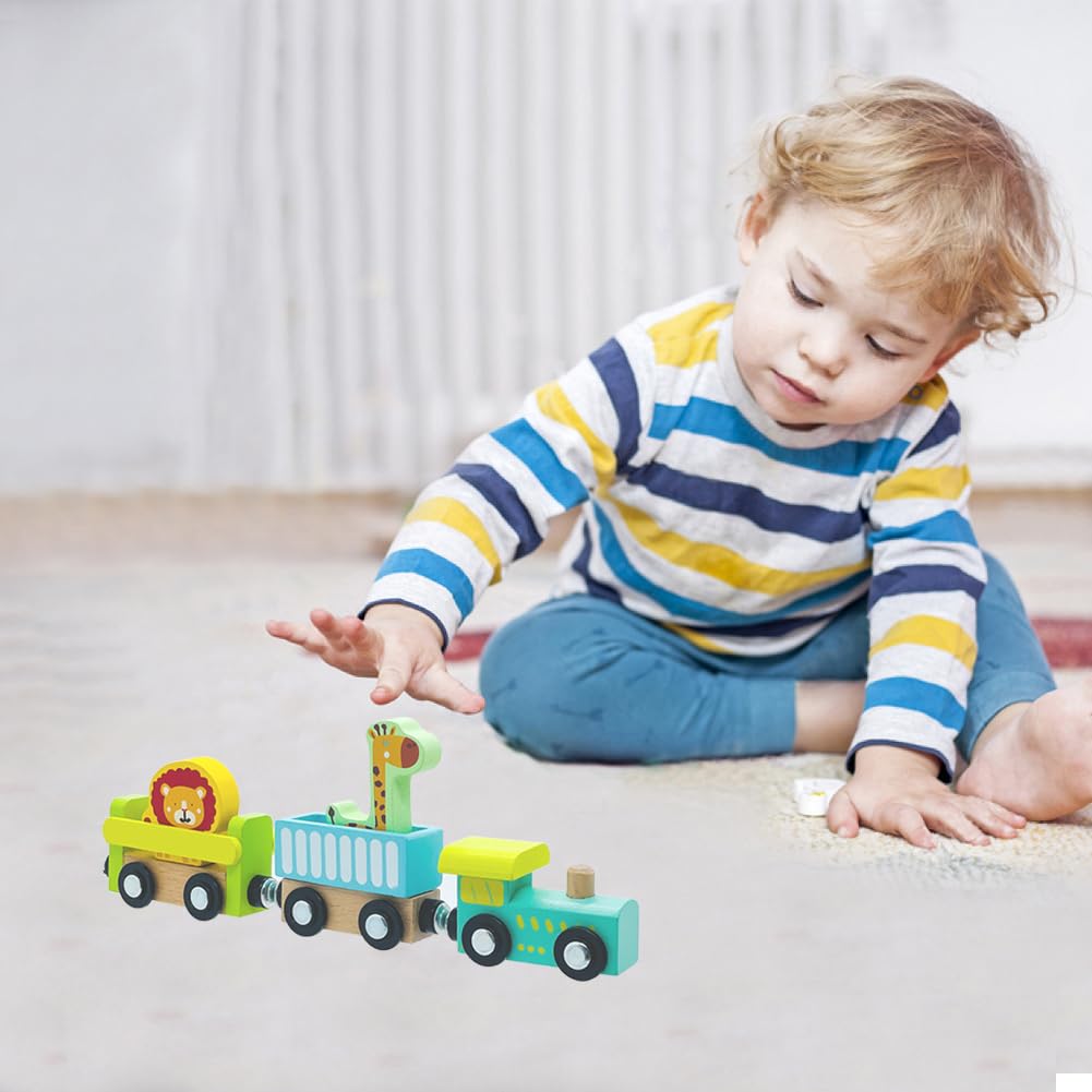 Wooden Trains Cars with Crane Magnetic Train Toys for Wooden Train Tracks Train Sets for Toddlers and Kids Ages 3+ (Zoo Train) - WoodArtSupply