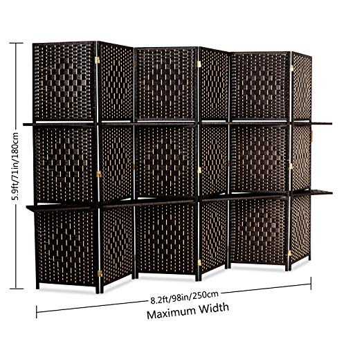 Bonnlo Upgraded Heavy Duty 6FT Tall Rattan Room Divider Screens with Partition Wall 2 Display Shelves, Indoor Folding Screen Dual-Sided Hinges for Home Office (6 Panels) Bonnlo
