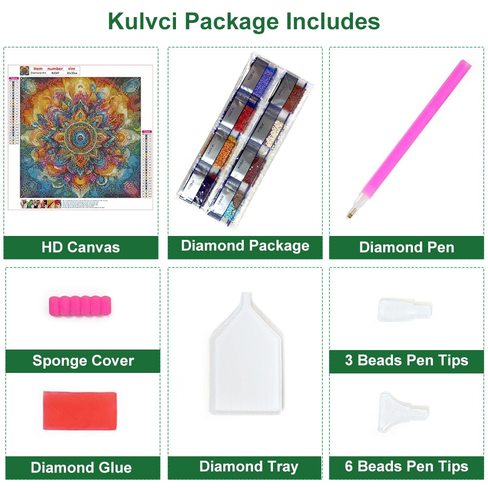Kulvci Mandala Diamond Painting Kits for Adults, Round Full Drill Diamond Art Kits, 5D DIY Diamonds Crafts for Home Wall Decoration Gifts 12×12Inch Kulvci