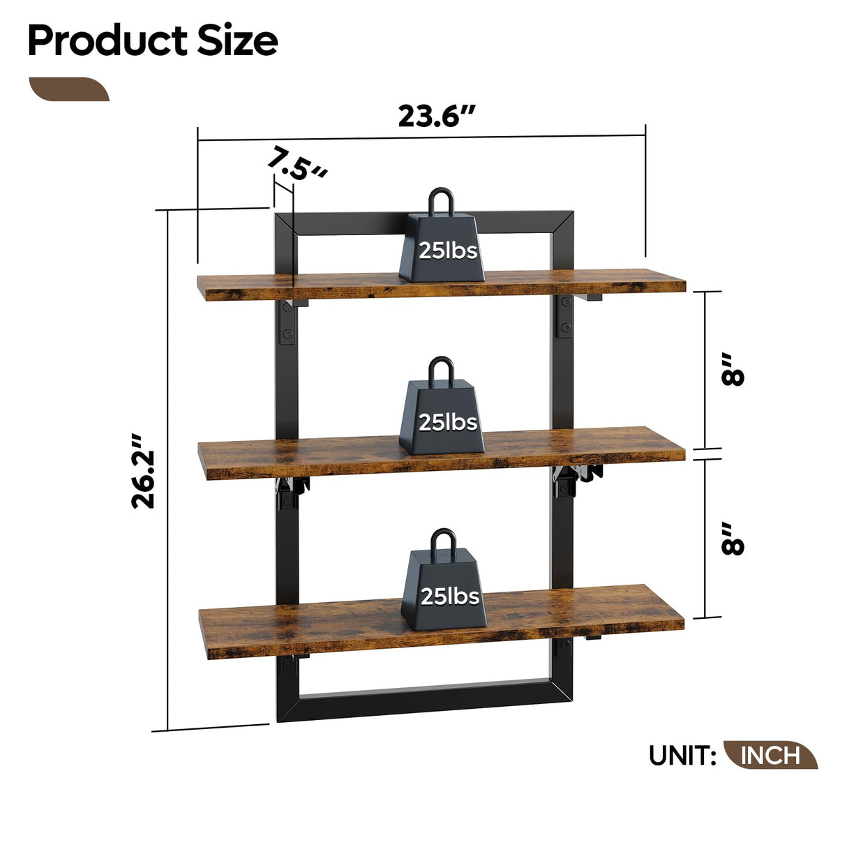 Bestier Floating Shelves for Wall, 24 inch Kitchen Shelves Wall Mounted, 3 Tier Coffee Bar Shelf with Foldable Brackets, Industrial Display Shelf for Bathroom, Living Room, Rustic Brown Bestier