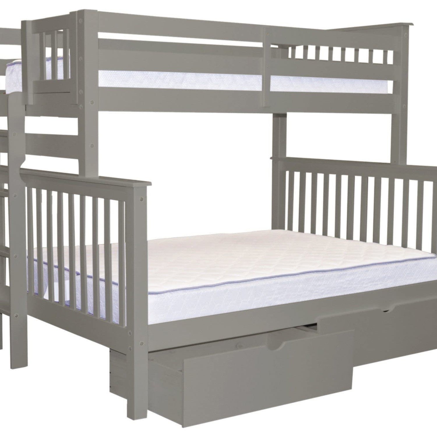 Bedz King Bunk Beds Twin over Full Mission Style with End Ladder and 2 Under Bed Drawers, Gray Bedz King