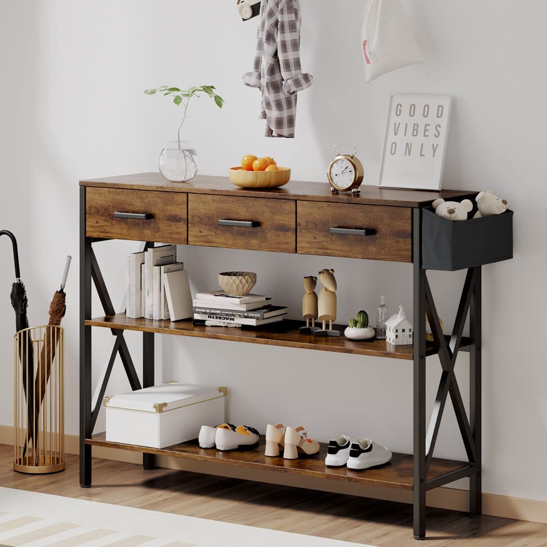 Gizoon 47" Console Table with 3 Drawers, Industrial Entryway Table with 3 Tier Storage Shelves, Narrow Long Sofa Table for Entry Way, Hallway, Couch, Living Room, Kitchen, Rustic Brown Gizoon