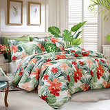 FADFAY Tropical Red Hibiscus Palm Leaves Duvet Cover Set Super Soft Summer Bedding 100% Cotton Soft with Hidden Zipper Closure Queen Size 3-Pieces FADFAY