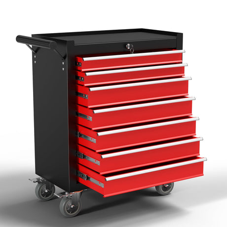 7-Drawer Metal Rolling Tool Chest with Wheels,Tool Storage Cabinet With Locking System，Toolbox with Wheels for Garage, Warehouse, Workshop, Repair Shop(Black&red,7-Drawer) OAKANDO